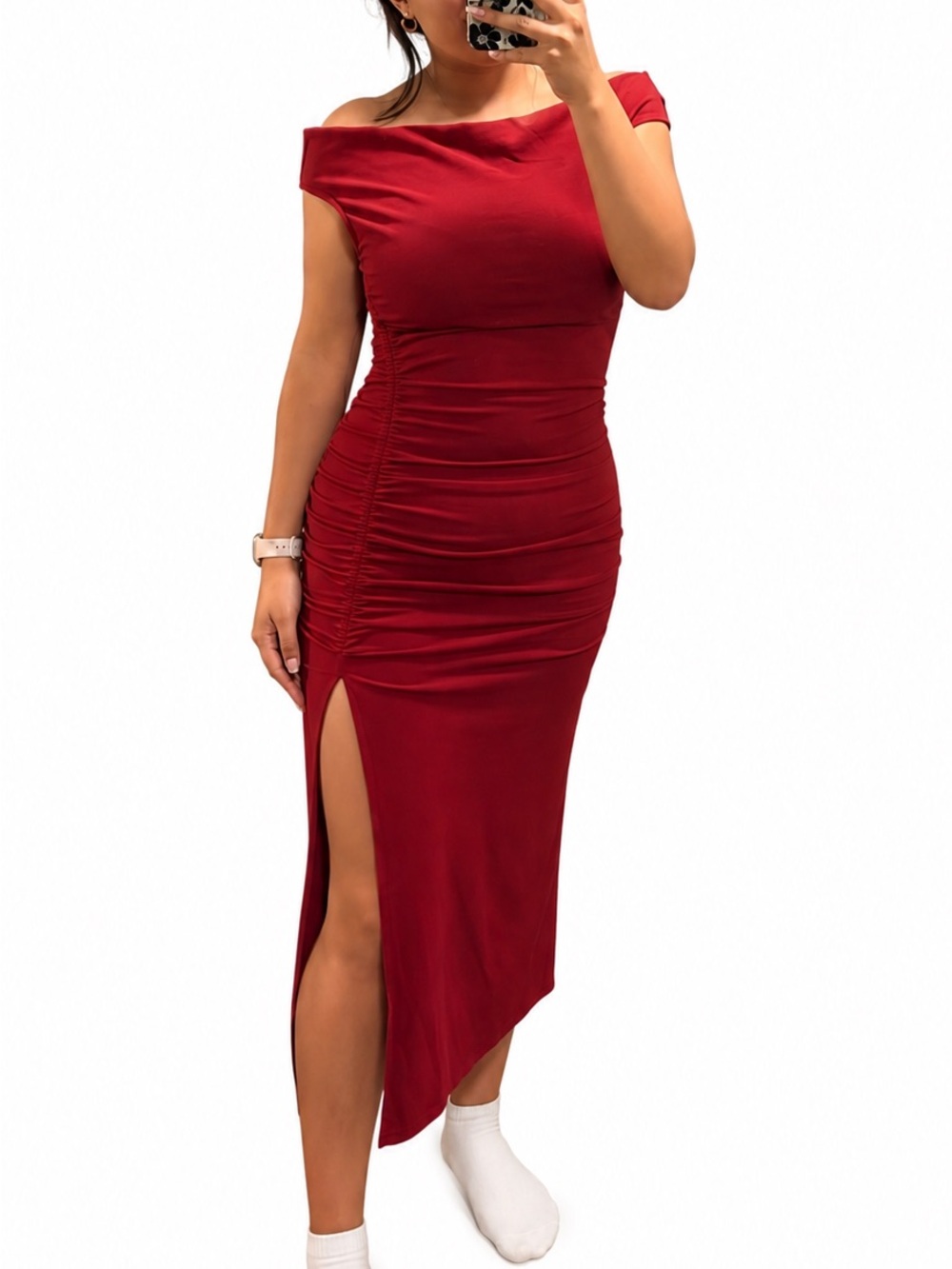 Discovery Red Off-Shoulder Ruched Bodycon Dress with Side Slit